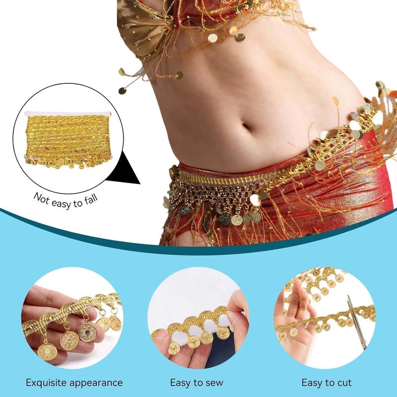 Beufee 10 Yards Gold Coin Shape Sequin Tassel Trim, Sequins Tassel Fringe Trim Women's Sequin Tassel Belly Trim National Dance Accessory Coins Belly Dance Hip Scarf Belt Trim Dance Tassel (Flower) - Image 3